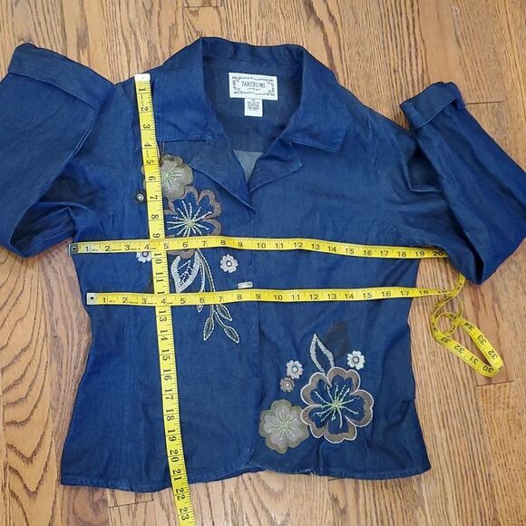 VINTAGE TANTRUM EMBROIDERED DENIM JEAN BLAZER JACKET FLORAL BOHO ARTSY 70s SZ PM - Picture 8 of 8